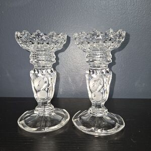 Vintage Etched Leaf/Cherries Lead Crystal 5.5” Candlestick Holders